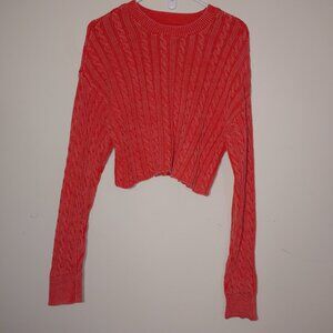 Aerie Cable Knit Crew Neck Long Sleeve Cropped Sweater Coral Pink Sz L